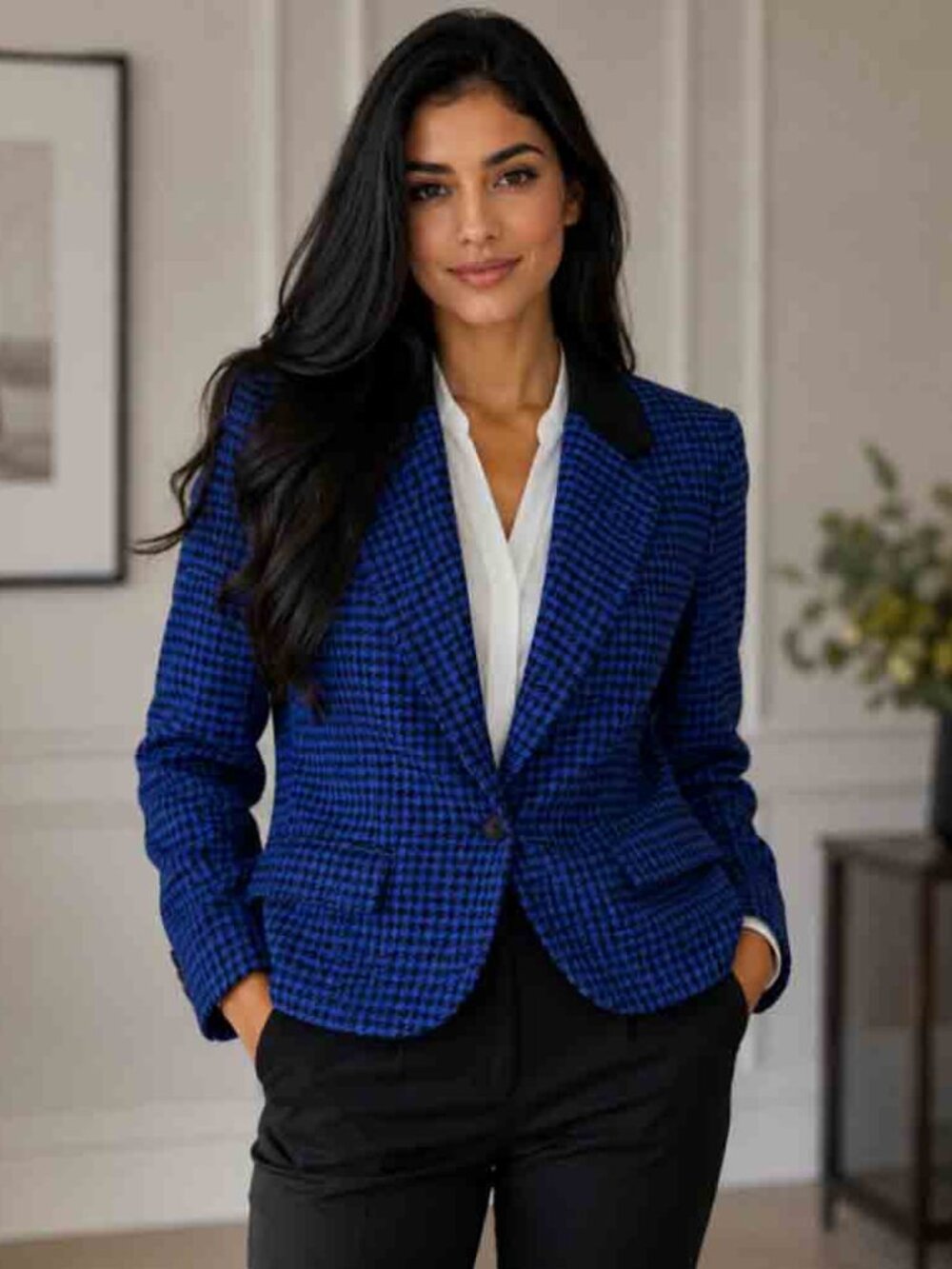 Vintage Miss Pendleton Wool Blazer Blue Black Houndstooth Check Women's Size 6